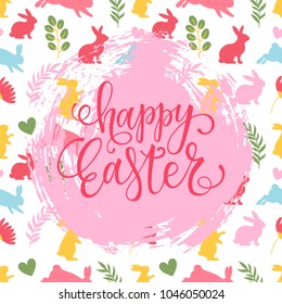 Happy Easter vector card on a 
seamless rabbit silhouette pattern with leaves and flowers. Hand drawn ink texture.