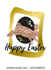 Happy Easter vector card with a pink glitter rabbit silhouette and Easter egg.
Hand drawn gold border.
Vector illustration.