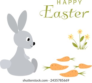 Happy Easter vector card. Rabbit, carrot and flower. Spring card. Postcard with spring flowers.