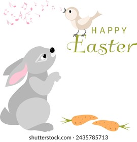 Happy Easter vector card. Rabbit, carrot and singing bird. Spring card. Postcard ,
