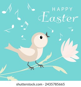 Happy Easter vector card. A singing bird sits on a flower. Spring card. Postcard with spring flowers.