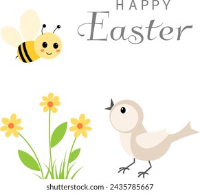 Happy Easter vector card. Sparrow, bee and flower. Spring card. Postcard with spring flowers.