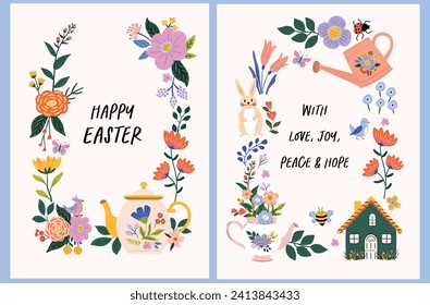 Tarjeta vector Happy Easter con cita de primavera. Bonito y bonito diseño hecho a mano de elementos de primavera con conejo, huevos, flores de primavera, abejas. Listo para imprimir plantilla para el diseño de camisetas, tarjeta de saludo.