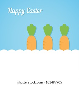 Happy Easter vector card with three carrots for Easter Bunny on blue background in zine collage style and copy space