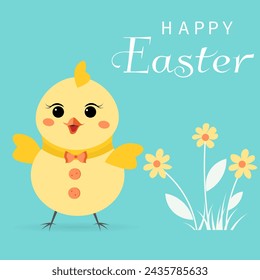Happy Easter vector card. Yellow little chicken and flowers. Spring card. Postcard with spring flowers. 