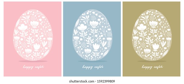 Happy Easter Vector Cards. Cute Eggs in 3 Diferent Colors Isolated on a Pink, Blue and Green Backgrounds. Eggs with and Drawn Floral Ornament Inside. Easter Illustrations for Card, Greeting, Wall Art.