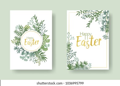 Happy Easter vector cards with herbal twigs and branches wreath and corners border, gold frames. Rustic vintage bouquets with fern frons, mistletoe twigs, willow, palm green branches. Gold Easter text