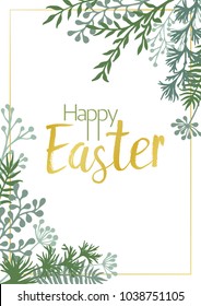 Happy Easter vector cards with herbal twigs and branches corners border, gold frames. Rustic vintage bouquets with fern fronds, mistletoe twigs, willow, palm green branches. Gold Easter text on white.