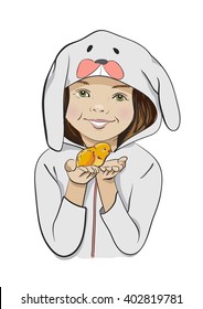 Happy Easter. Vector cartoon, funny, hand-drawn. Girl in a bunny costume with chick in hands.