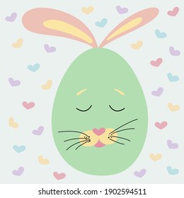Feliz Pascua. Ilustración de dibujos animados. Huevo verde de Pascua con orejas de conejito sobre fondo con corazones. Huevo de colores para las vacaciones de Semana Santa. La decoración de Semana Santa. Colores pasteles.