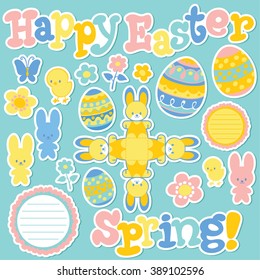 Happy Easter. Vector cartoon illustration. Stickers. Bunny, egg, flower, text
