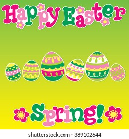 Happy Easter. Vector cartoon illustration. Stickers. Bunny, egg, flower, text