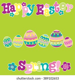 Happy Easter. Vector cartoon illustration. Stickers. Bunny, egg, flower, text