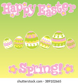 Happy Easter. Vector cartoon illustration. Stickers. Bunny, egg, flower, text