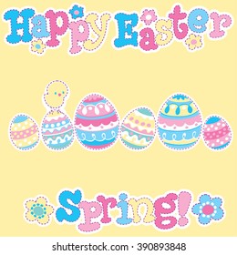 Happy Easter. Vector cartoon illustration. Stickers. Easter chicken, egg, flower, text. Picture stitched seams.
