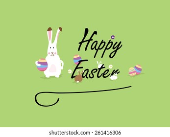 Happy easter vector cartoon postcard. EPS 10. Easter bunny character.