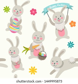 Happy Easter. Vector cartoon style easter bunny seamless pattern