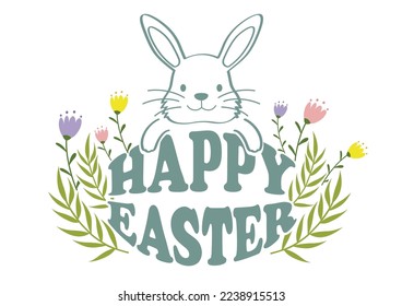 Happy Easter Vector Colorful Symbol Logo With A Cartoonish Easter Bunny Isolated On A White Background. 