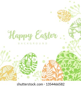 Happy easter vector composition on white background. Easter eggs on the background of leaves and flowers. Egg hunt. Hand drawing. Illustration for invitation, card, menu, flyer, banner, poster.