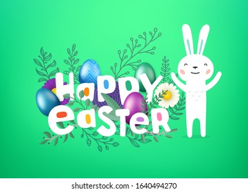 Happy Easter vector cover. Greeting card with comic style inscription and cute rabbit