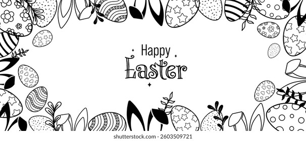 Happy Easter Vector Creative Frame or Banner Template with Decorated Easter Eggs, Bunny Ear, Spring Flowers and Plants Pattern decorations. Silhouette style Ornamental Eggs Creative Easter Texture