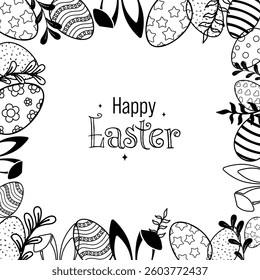 Happy Easter Vector Creative Frame or Banner Template with Decorated Easter Eggs, Bunny Ear, Spring Flowers and Plants Pattern decorations. Silhouette style Ornamental Eggs Creative Easter Texture