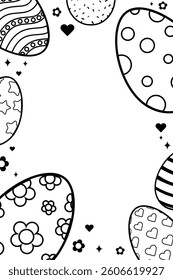 Happy Easter Vector Creative Frame or Banner Template with Decorated Easter Eggs, Bunny Ear, Spring Flowers and Plants Pattern decorations. Silhouette style Ornamental Eggs Creative Easter Texture