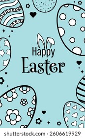 Happy Easter Vector Creative Frame or Banner Template with Decorated Easter Eggs, Bunny Ear, Spring Flowers and Plants Pattern decorations. Silhouette style Ornamental Eggs Creative Easter Texture