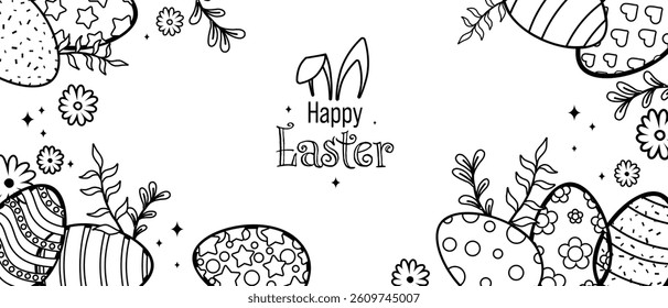 Happy Easter Vector Creative Frame or Banner Template with Decorated Easter Eggs, Bunny Ear, Spring Flowers and Plants Pattern decorations. Outline style Ornamental Eggs Creative Easter Texture
