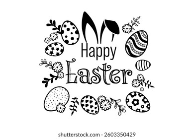 Happy Easter Vector Creative Greeting Card or Banner Design. Decorated Easter Eggs, Bunny Ear, Spring Flowers and Plants decorations. Silhouette style Ornamental Eggs Creative Easter and Spring Frame.