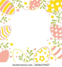 Happy Easter Vector Creative Greeting Card or Banner Design. Decorated Easter Eggs, Bunny Ears, Spring Flowers and Plants decorations. Painted and Ornamental Eggs. Creative Easter and Spring Frame. 