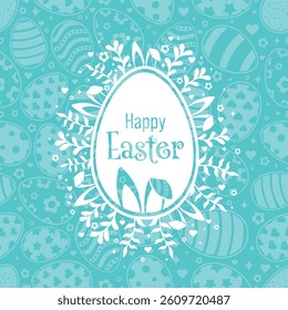 Happy Easter Vector Creative Greeting Card or Banner Design. Decorated Easter Eggs, Bunny Ears, Spring Flowers and Plants decorations. Painted and Ornamental Eggs. Creative Easter and Spring Frame. 