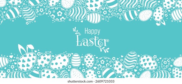 Happy Easter Vector Creative Greeting Card or Banner Design Decorated Easter Eggs, Bunny Ears, Spring Flowers and Plants decorations. Ornamental Silhouette Eggs. Creative Easter and Spring Big Frame. 