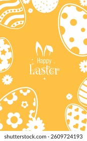 Happy Easter Vector Creative Greeting Card or Banner Design. Decorated Easter Eggs, Bunny Ears, Spring Flowers and Plants decorations. Painted and Ornamental Eggs. Creative Easter and Spring Frame. 