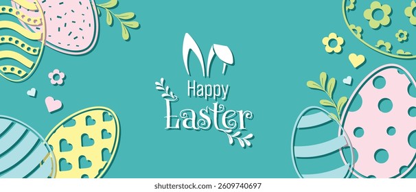 Happy Easter Vector Creative Greeting Card or Banner Design. Decorated Easter Eggs, Bunny Ears, Spring Flowers and Plants decorations. Painted and Ornamental Eggs. Creative Easter and Spring Frame. 