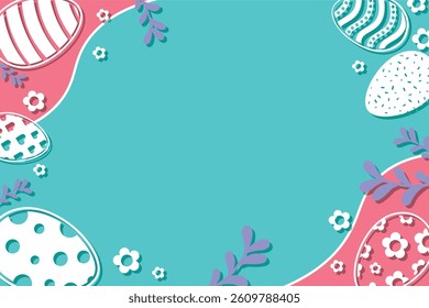 Happy Easter Vector Creative Greeting Card or Banner Design. Decorated Easter Eggs, Bunny Ears, Spring Flowers and Plants decorations. Painted and Ornamental Eggs. Creative Easter and Spring Frame. 