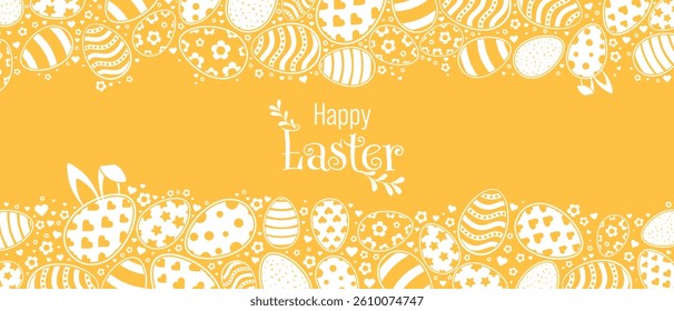 Happy Easter Vector Creative Greeting Card or Banner Design Decorated Easter Eggs, Bunny Ears, Spring Flowers and Plants decorations. Ornamental Silhouette Eggs. Creative Easter and Spring Big Frame. 
