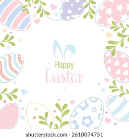 Happy Easter Vector Creative Greeting Card or Banner Design Decorated Easter Eggs, Bunny Ears, Spring Flowers and Plants decorations. Ornamental Silhouette Eggs. Creative Easter and Spring Big Frame. 
