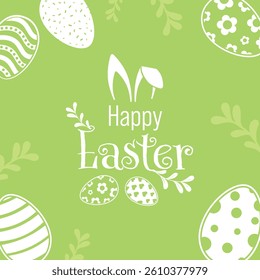 Happy Easter Vector Creative Greeting Card or Banner Design. Decorated Easter Eggs, Bunny Ears, Spring Flowers and Plants decorations. Painted and Ornamental Eggs. Creative Easter and Spring Frame. 