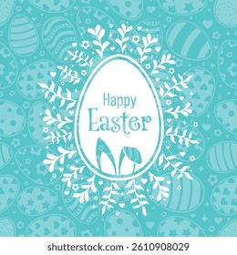 Happy Easter Vector Creative Greeting Card or Repeatable Pattern design. Decorated Easter Eggs, Bunny Ears, Spring Flowers and Plants decorations. Ornamental Eggs. Creative Easter and Spring Frame.