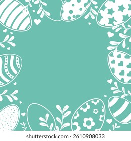 Happy Easter Vector Creative Greeting Card Frame Design Template Decorated Easter Eggs, Bunny Ears, Spring Flowers and Plants decorations. Ornamental Silhouette Eggs. Creative Easter and Spring Design