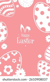 Happy Easter Vector Creative Greeting Card or Banner Design. Decorated Easter Eggs, Bunny Ears, Spring Flowers and Plants decorations. Painted and Ornamental Eggs. Creative Easter and Spring Frame. 