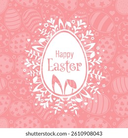 Happy Easter Vector Creative Greeting Card or Repeatable Pattern design. Decorated Easter Eggs, Bunny Ears, Spring Flowers and Plants decorations. Ornamental Eggs. Creative Easter and Spring Frame.