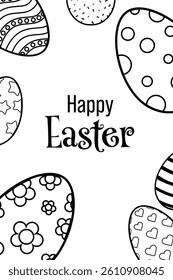 Happy Easter Vector Creative Greeting Card or Banner Design. Decorated Easter Egg, Bunny Ears, Spring Flowers and Plants decorations. Silhouette style Ornamental Eggs Creative Easter and Spring Frame.