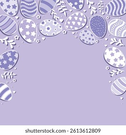 Happy Easter Vector Creative Greeting Card or Banner Design. Decorated Easter Eggs, Spring Flowers, Plants and Shapes decorations. Painted and Ornamental Eggs. Creative Easter and Spring Frame. 