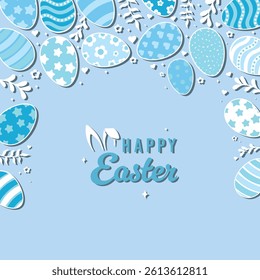 Happy Easter Vector Creative Greeting Card or Banner Design. Decorated Easter Eggs, Bunny Ears, Spring Flowers and Plants decorations. Painted and Ornamental Eggs. Creative Easter and Spring Frame. 