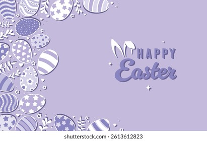 Happy Easter Vector Creative Greeting Card or Banner Design. Decorated Easter Eggs, Bunny Ears, Spring Flowers and Plants decorations. Painted and Ornamental Eggs. Creative Easter and Spring Frame. 