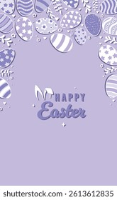 Happy Easter Vector Creative Greeting Card or Banner Design. Decorated Easter Eggs, Bunny Ears, Spring Flowers and Plants decorations. Painted and Ornamental Eggs. Creative Easter and Spring Frame. 