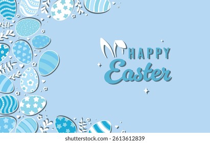 Happy Easter Vector Creative Greeting Card or Banner Design. Decorated Easter Eggs, Bunny Ears, Spring Flowers and Plants decorations. Painted and Ornamental Eggs. Creative Easter and Spring Frame. 