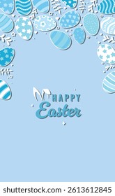 Happy Easter Vector Creative Greeting Card or Banner Design. Decorated Easter Eggs, Bunny Ears, Spring Flowers and Plants decorations. Painted and Ornamental Eggs. Creative Easter and Spring Frame. 
